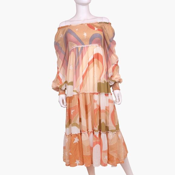 NWOT AURA Retro Starburst Long-Sleeve Tiered Midi Dress (Orange/Peach | Size XS) - Picture 2 of 9